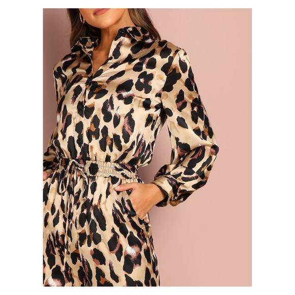 Animal Print Long Sleeve Cocktail Satin Jumpsuit - Picture 4 of 6